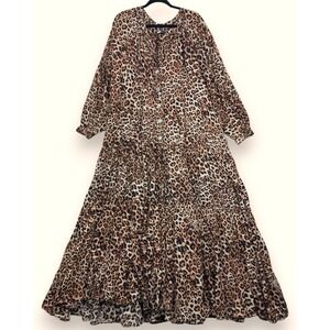Erika Pena Maxi Dress Womens O/S Brown Leopard Ella Tiered Cotton‎ Voile Boho